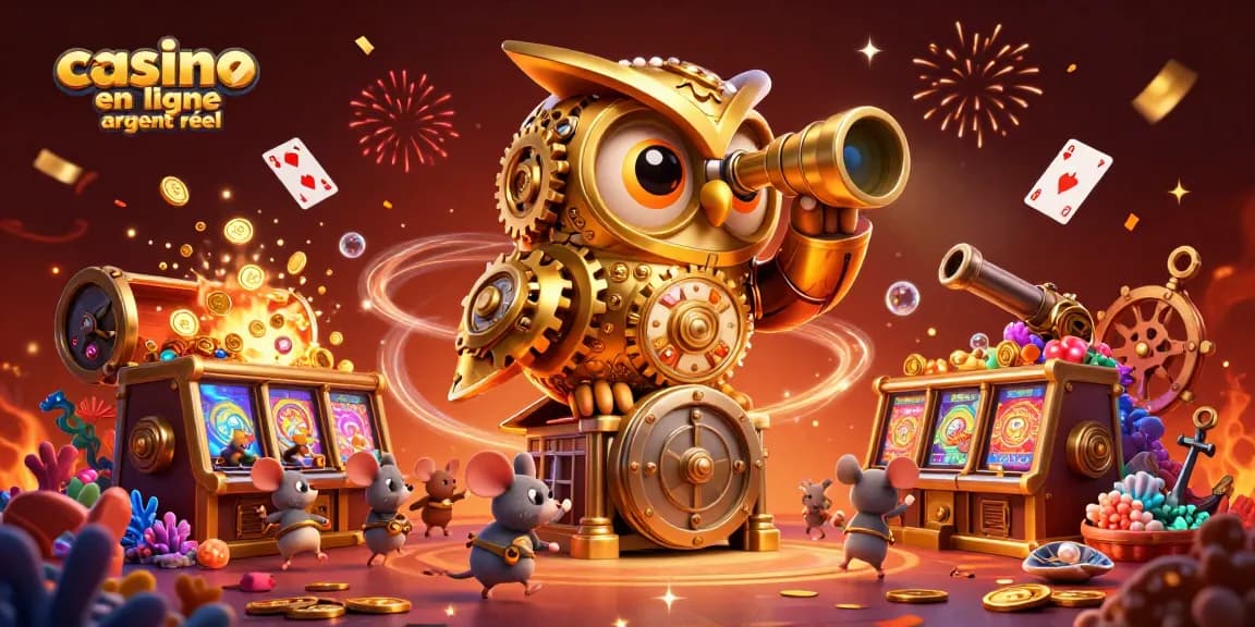Jouez au casino en ligne argent réel avec une illustration dynamique d'un hibou en or entouré de trésors et de machines à sous.