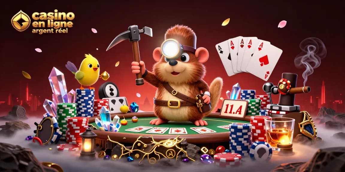 Illustration dynamique représentant un mole chercheur de trésor dans une scène de casino en ligne argent réel.