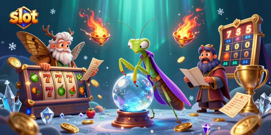 Spin the slot reels in this vibrant casino-themed illustration featuring mystical characters.