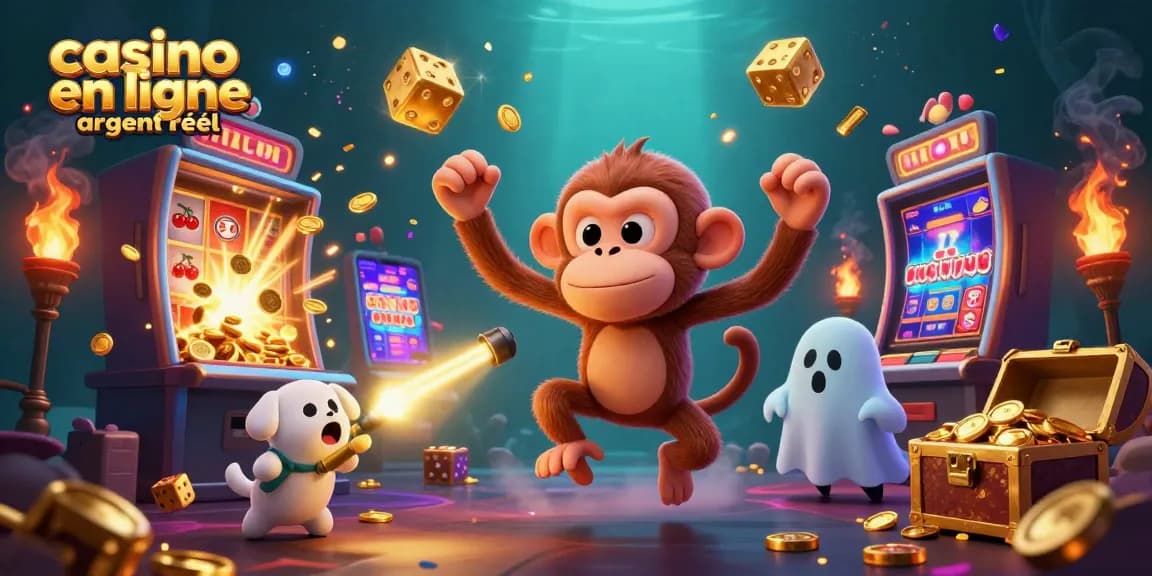 Profitez des jeux de casino en ligne argent réel avec une illustration captivante d'un singe poltergeist et d'un chiot chasseur de fantômes.