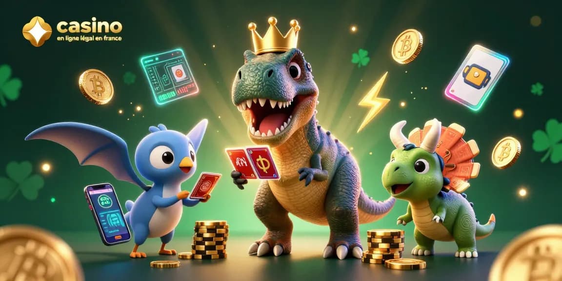 Jouer sur un casino en ligne légal en France avec des personnages dynamiques et des éléments de crypto-monnaies.