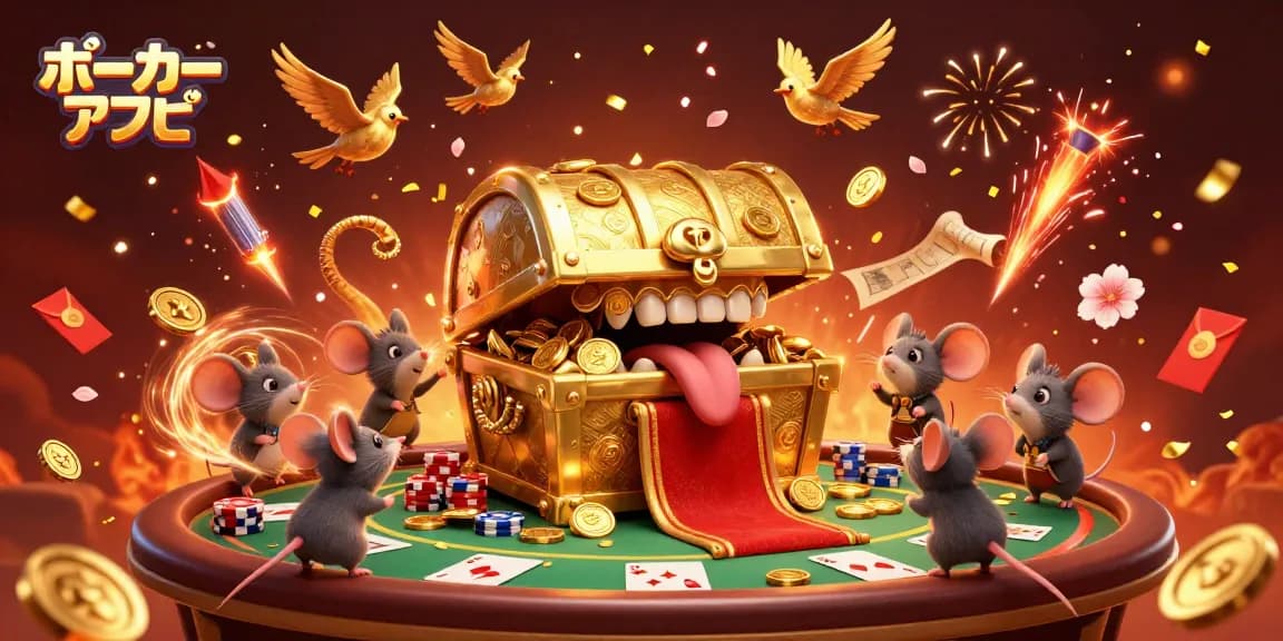 ポーカーアプリで楽しむ冒険者マウスが金の宝箱に魅了されるシーン