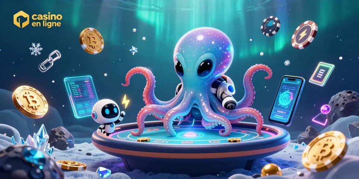 Jouez au casino en ligne avec un poulpe extraterrestre et un robot, entourés de jetons et de crypto-monnaies