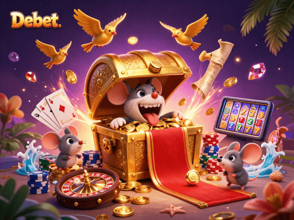 Experience thrilling gameplay at Debet. with animated treasure and casino elements creating excitement.
