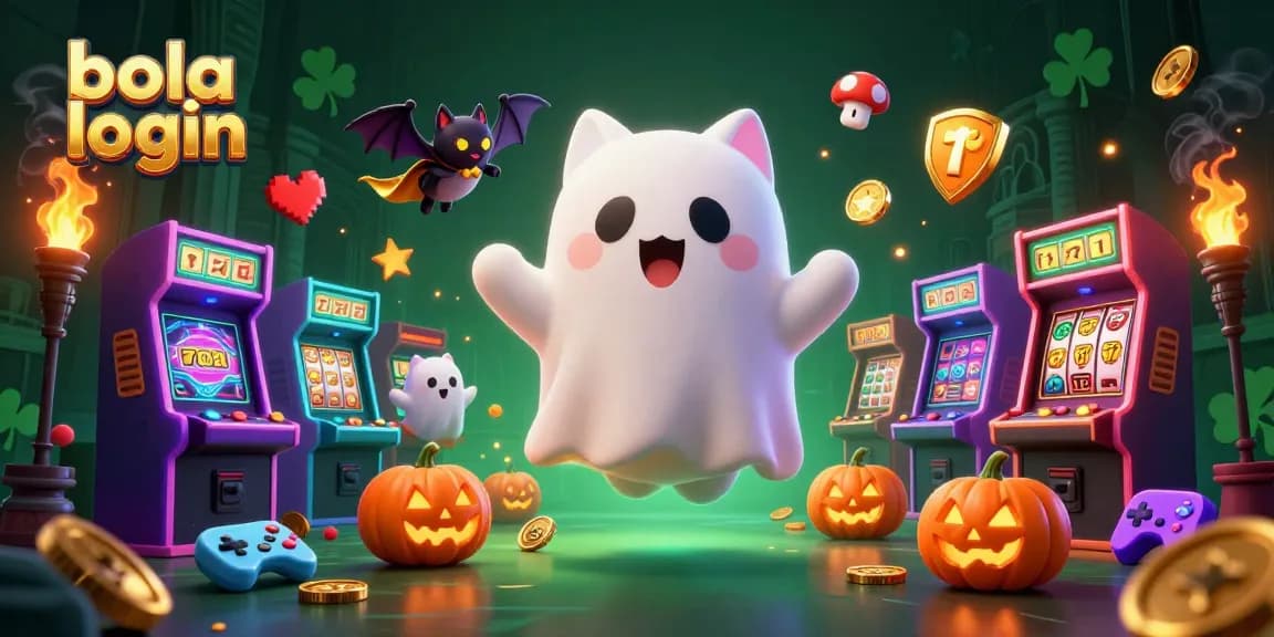 Engage in thrilling gameplay with bola login amid a vibrant haunted casino scene featuring a ghost cat and bat.