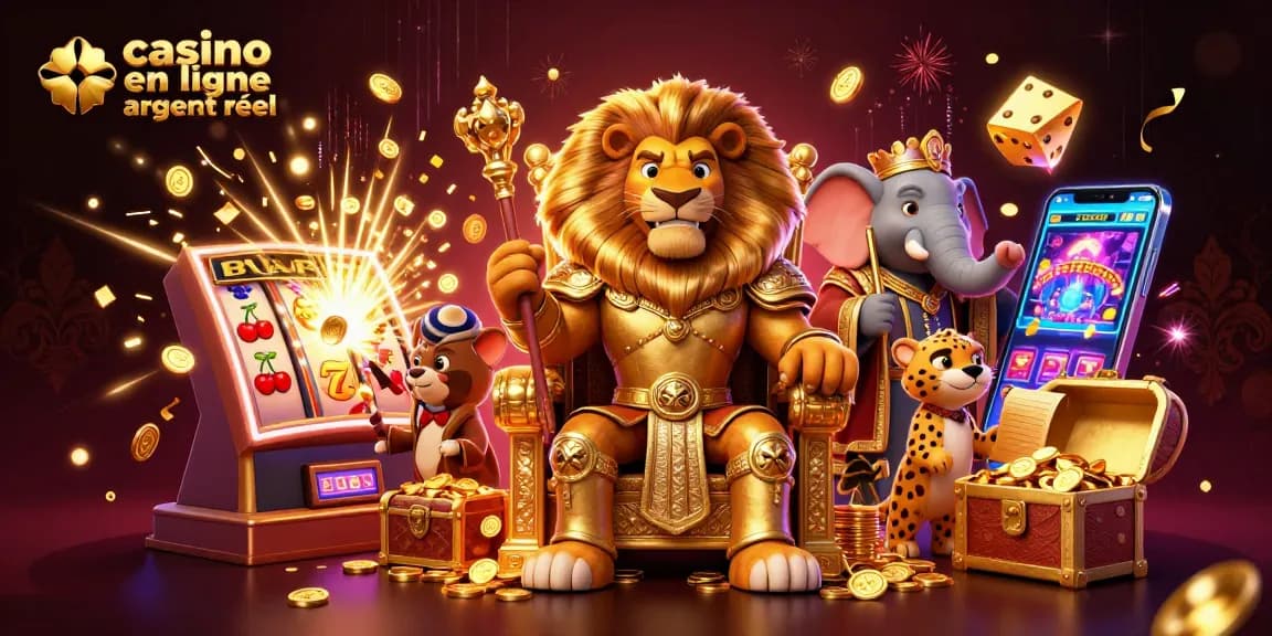Actions de jeu dynamiques dans un casino en ligne argent réel, où le roi lion et ses conseillers promettent fortune.