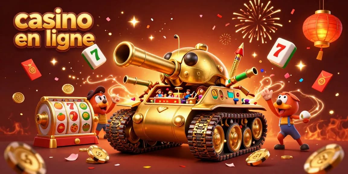 Jouez dans un casino en ligne dynamique avec une illustration de chars dorés et des éléments de célébration.