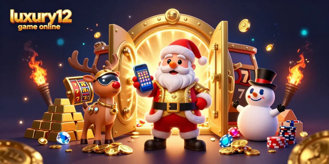 Engage in the thrilling luxury12 game online with a vibrant casino scene featuring jackpot slots and festive characters.