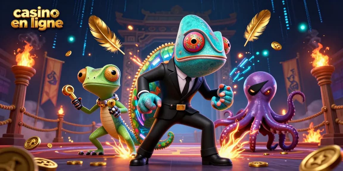 Jouez au casino en ligne avec des personnages colorés et des éléments captivants autour.