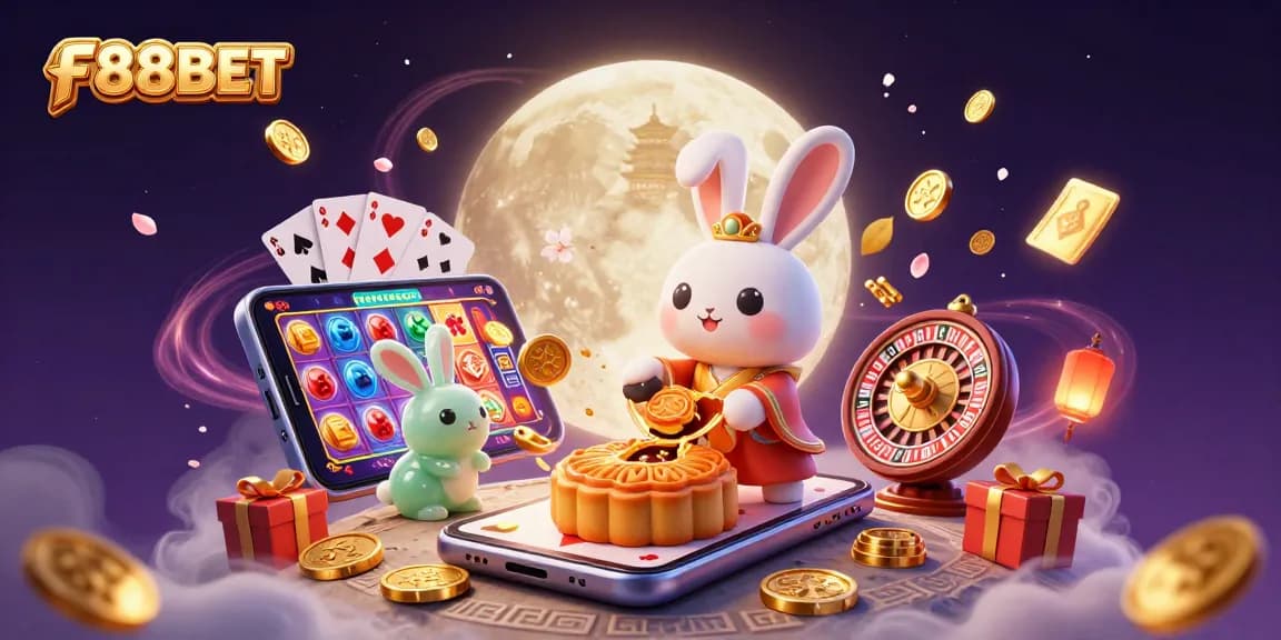 Experience thrilling gameplay at F88BET with a festive lunar scene featuring rabbit characters, casino elements, and vibrant colors.
