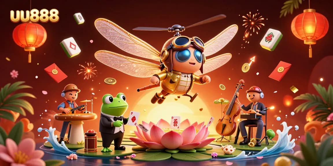 Experience thrilling action with uu888 at a vibrant lily pad casino scene featuring lively characters.