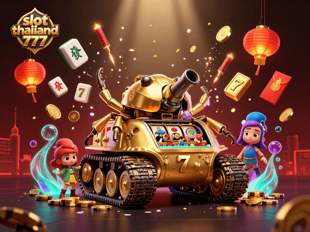Experience slot Thailand 777 with vibrant slot reels and a dynamic casino scene in 3D.