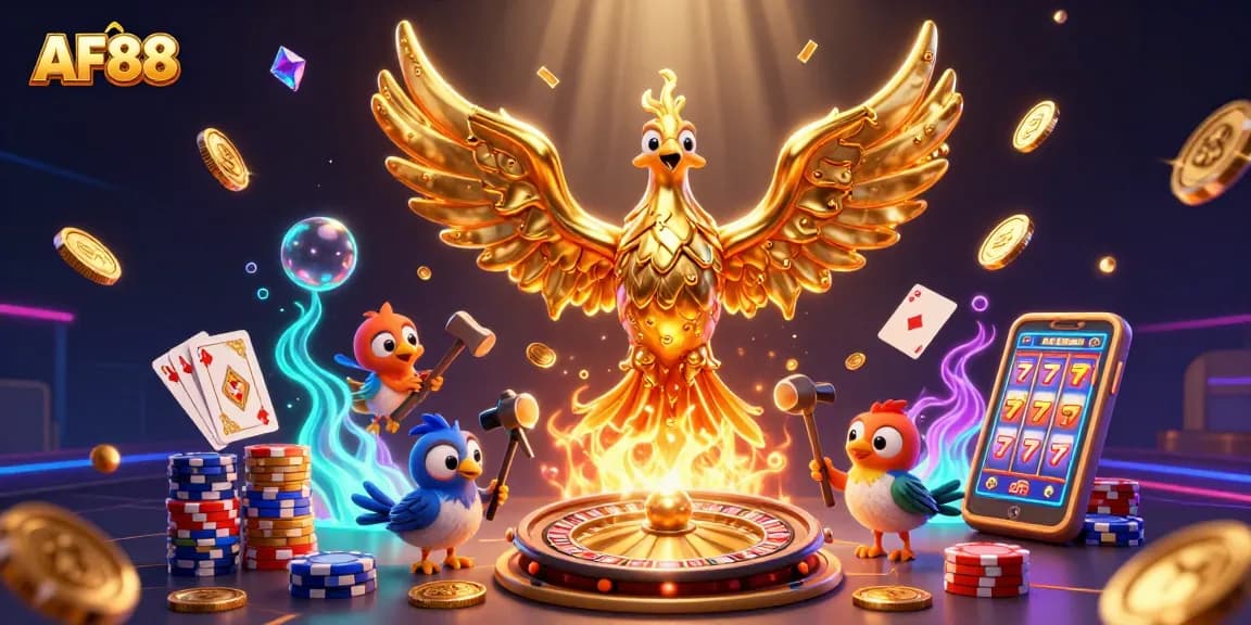 Experience the thrill of AF88 with a golden phoenix and vibrant gaming elements in a dynamic casino scene.