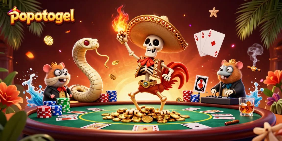 Win big with popotogel as a vibrant skeleton rooster celebrates amid colorful casino elements!