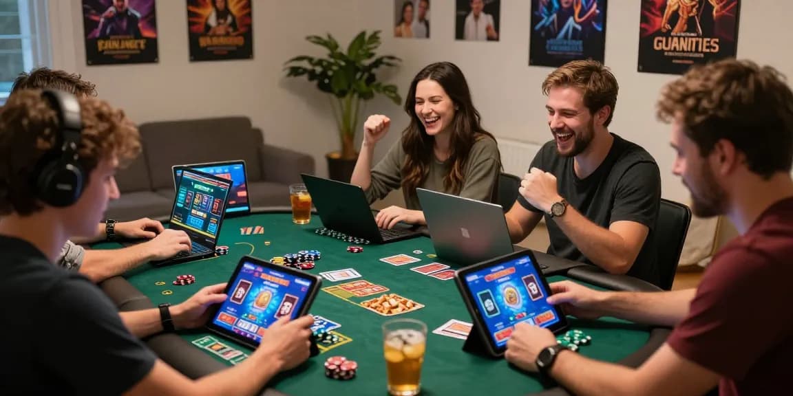 Players enjoying gaming session with Link Login Dominobet on laptops and tablets, vibrant casino atmosphere.