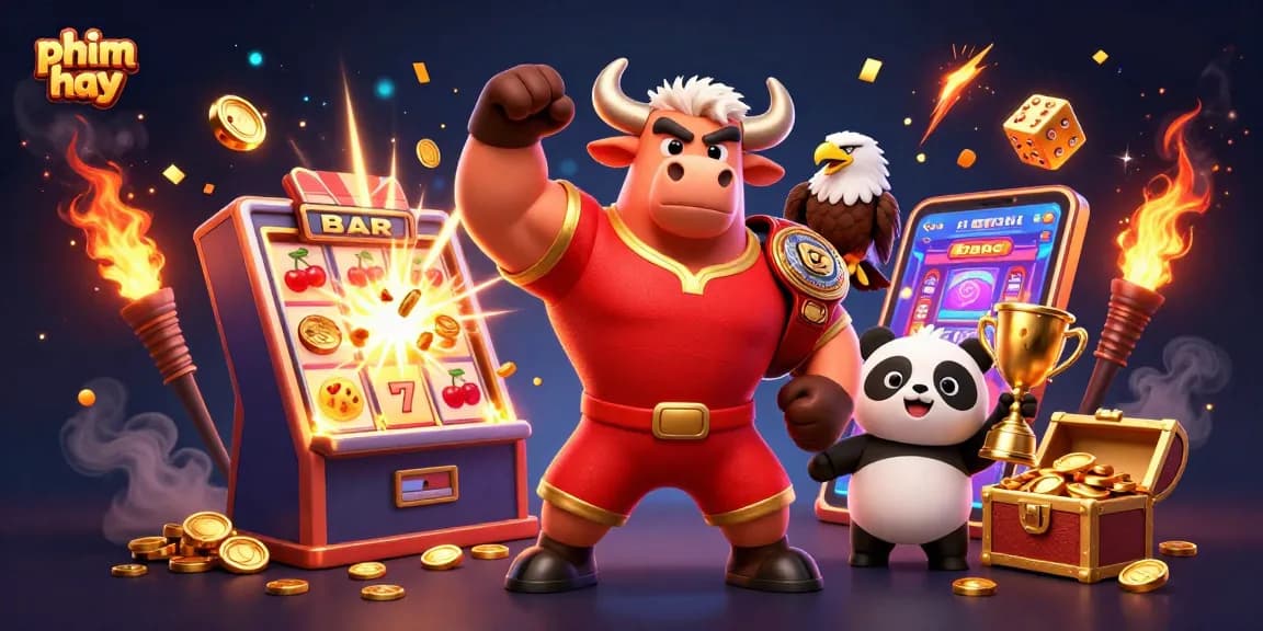 Celebrate big wins with phim hay featuring an energetic bull mascot, eagle, and panda in a vibrant casino scene.