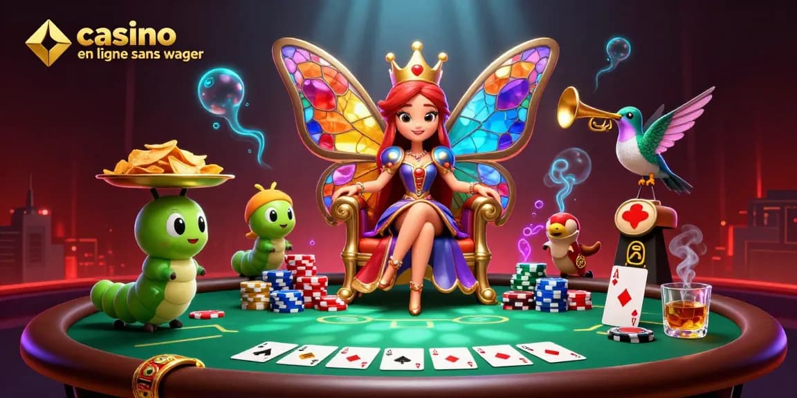 Illustration de la reine papillon avec "casino en ligne sans wager", entourée de jetons et de jeux de cartes.