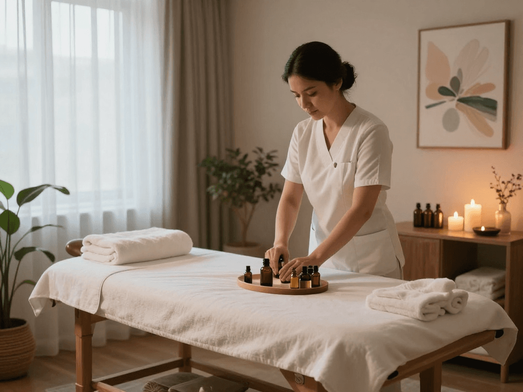 Relaxation therapy room at https://www.balancedmassage.org/ featuring calming decor, oils, and soft lighting.
