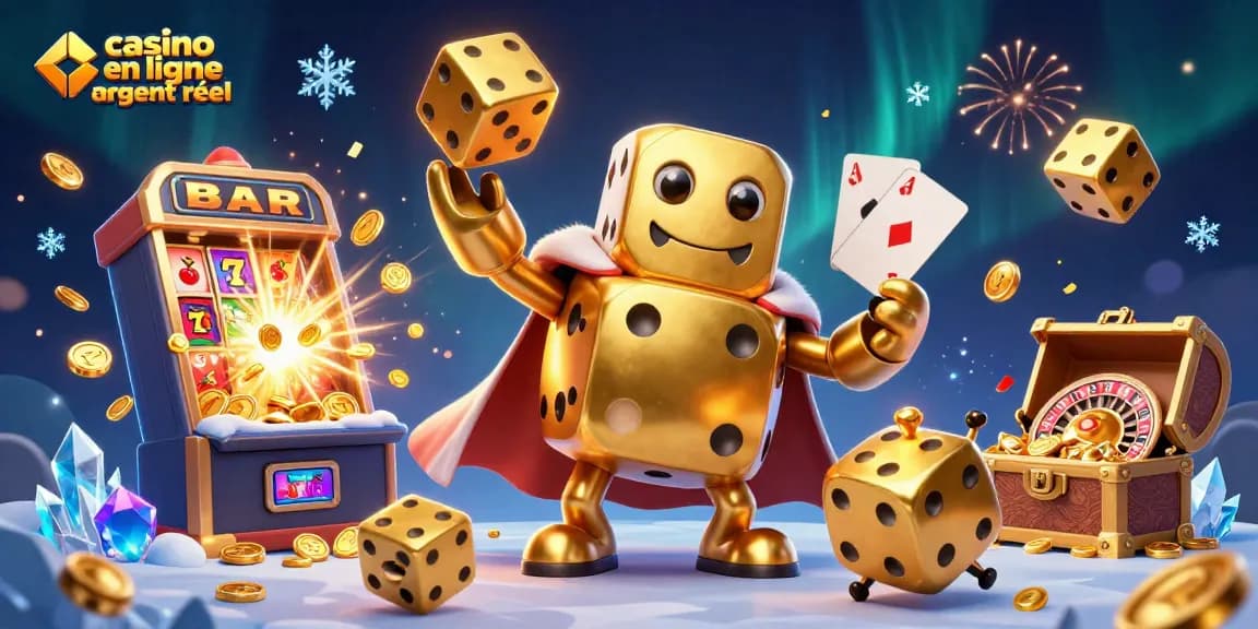 Célébrez l'excitation du casino en ligne argent réel avec un golem de dés dorés, jonglant et gagnant.