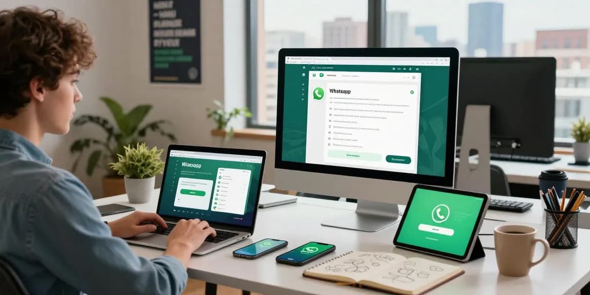 Person using WhatsApp网页版 on desktop, showcasing productivity in a modern office.