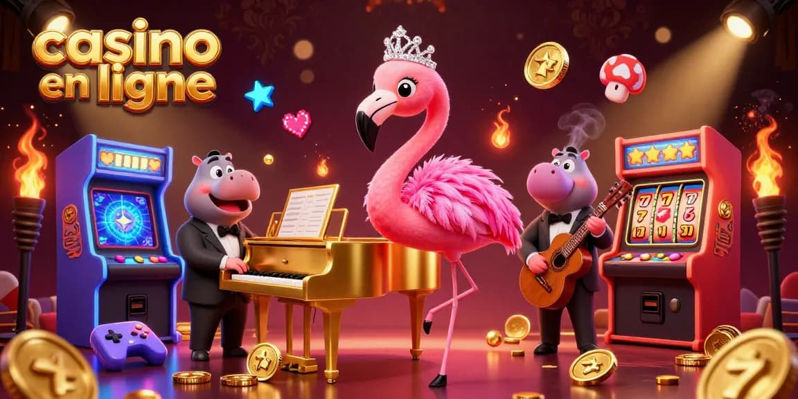 Jouez au casino en ligne avec une chanteuse flamant, un hippo musicien, et des machines à sous animées.