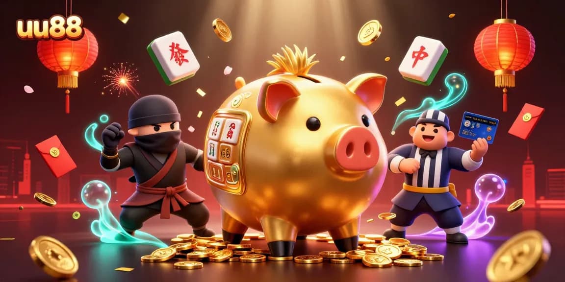 uu88 players enjoy dynamic gaming action with a golden piggy bank sumo wrestler and colorful casino elements.