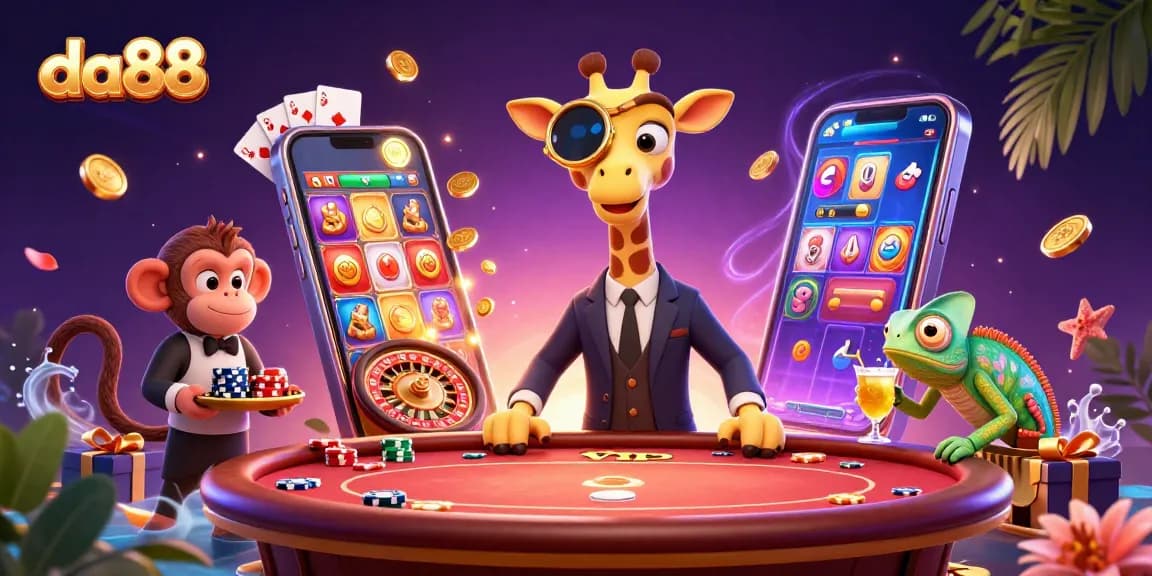 Engage with da88's vibrant casino scene featuring animated characters at play.