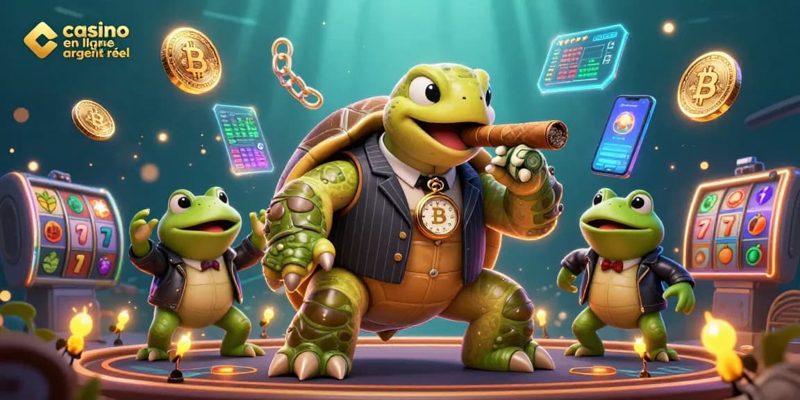 Illustration 3D de casino en ligne argent réel avec une tortue massive et des grenouilles gardes.