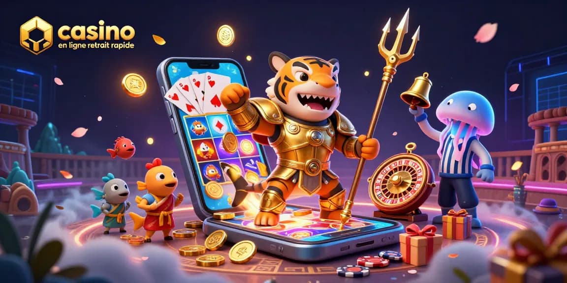 Découvrez une scène animée avec des personnages captivants dans un casino en ligne retrait rapide exceptionnel, incluant un requin tigre et un smartphone affichant des jeux de casino.