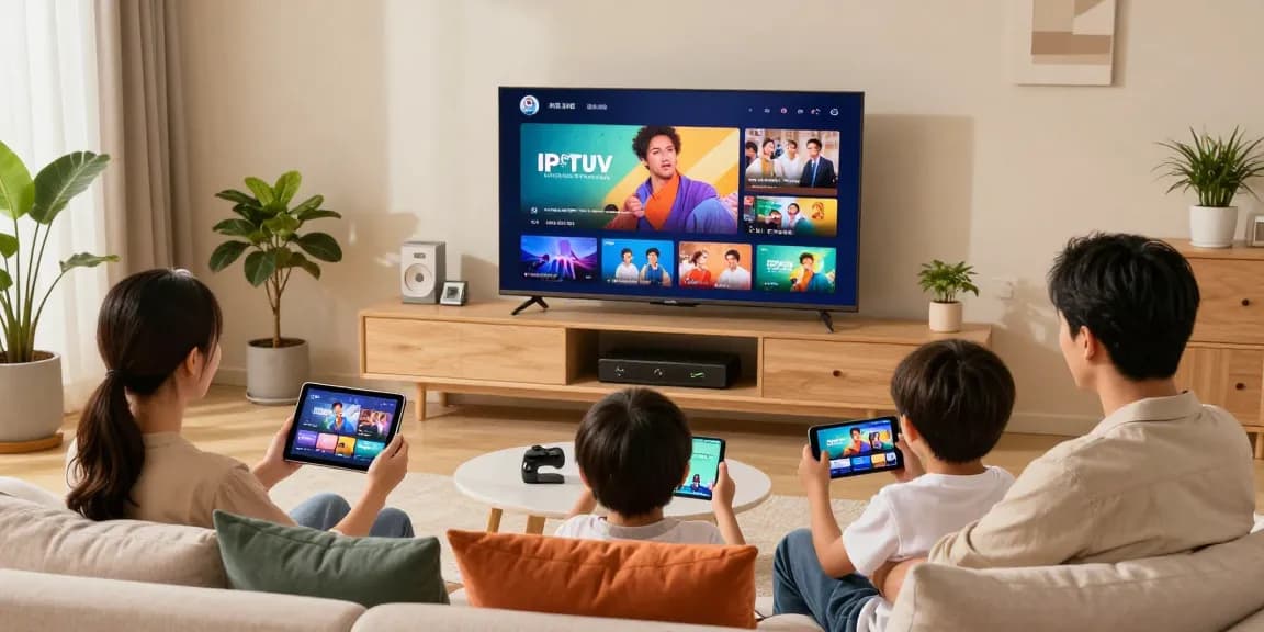 Famille profitant d'iptv belgique sur divers appareils dans un salon moderne