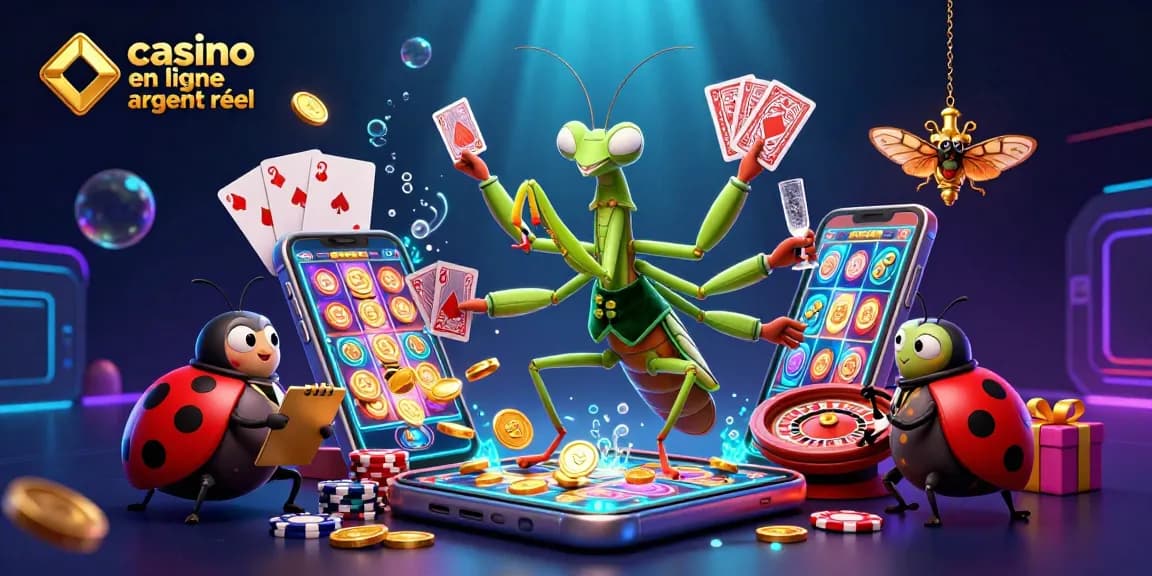 Profitez d'une illustration de casino en ligne argent réel avec un manteau en velours vert et des cartes colorées.