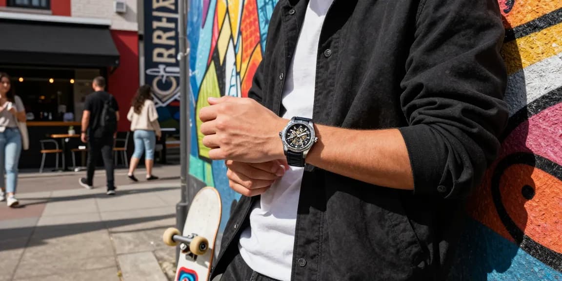 Stylish person adjusting their clone watches in urban fashion scene.