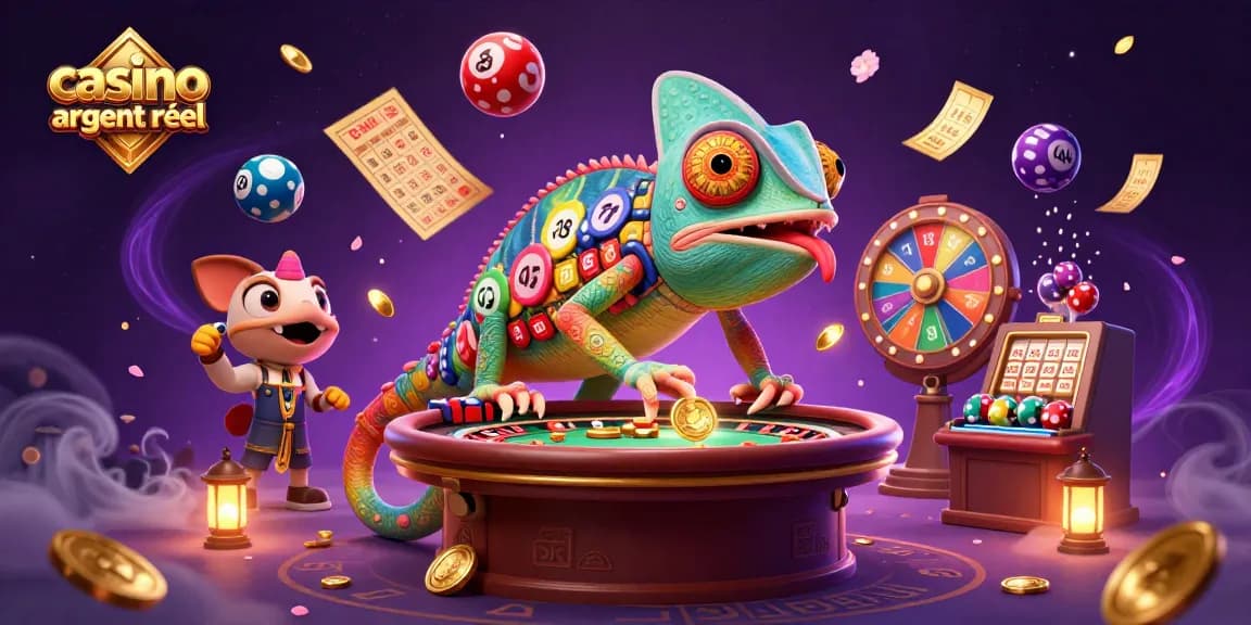 Visuel captivant d'un caméléon propriétaire de casino collectant des pièces d'or, représentant le casino en ligne argent réel.