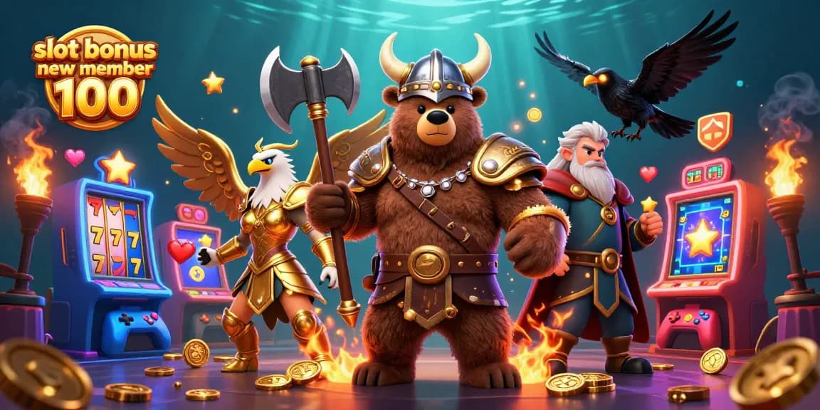 Claim a thrilling slot bonus new member 100 with spinning reels, lucky 7s, and vibrant 3D casino elements.