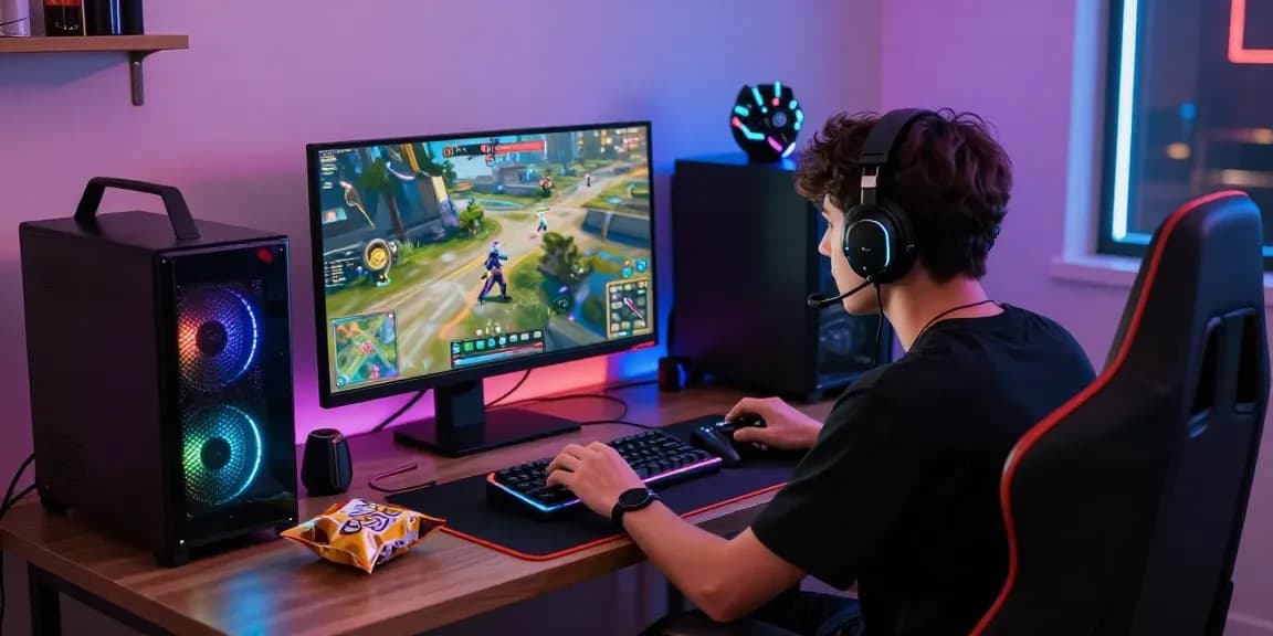 Pengalaman bermain cipung138 dengan gamer fokus di layar, aksesori gaming cerah mengelilingi.