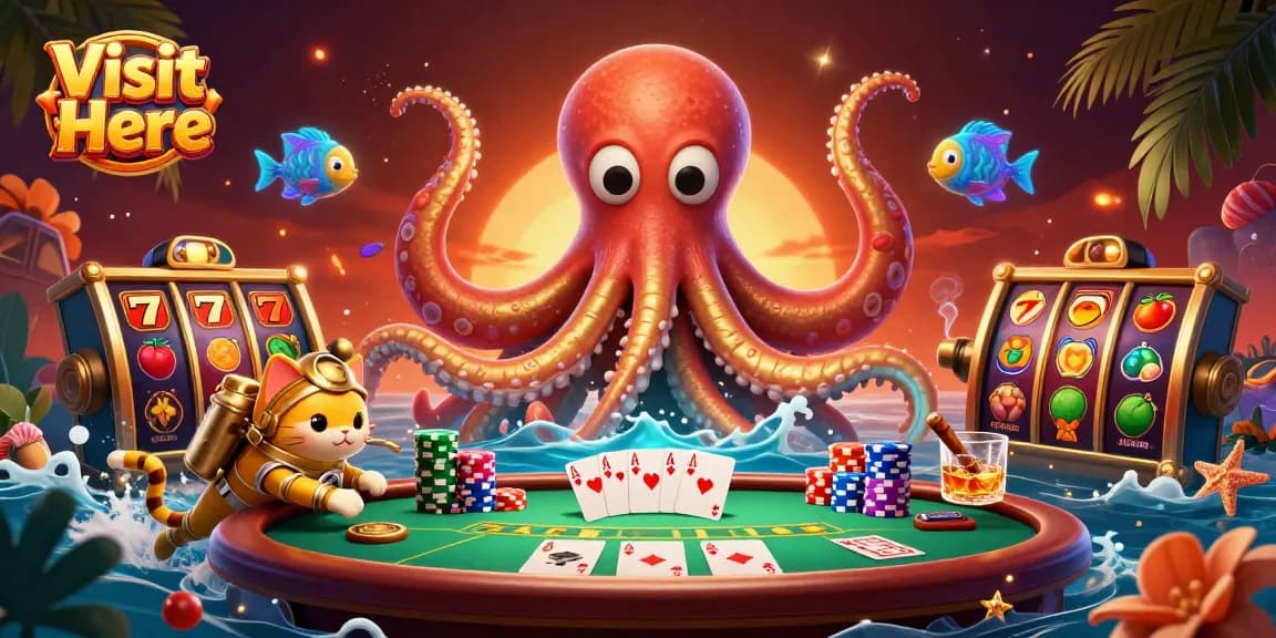 Visit Here and win big with an exciting 3D online gambling scene featuring a kraken, diving cat, and vibrant slot games.