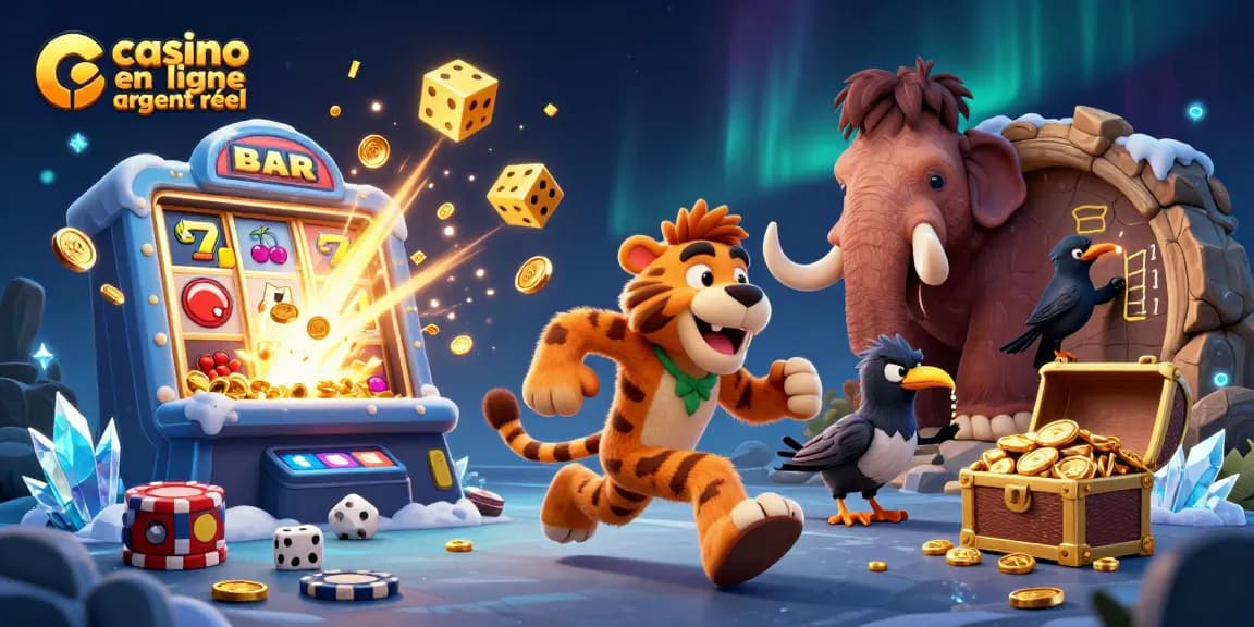 Casino en ligne argent réel : une illustration 3D de personnages animés jouant dans un casino préhistorique.