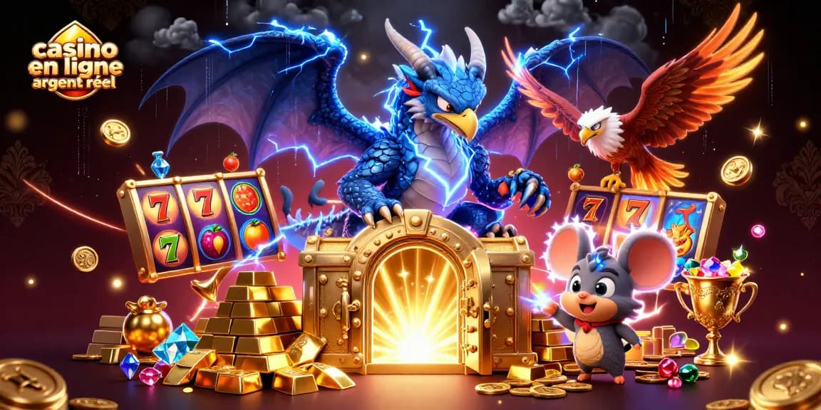 Jouez sur un casino en ligne argent réel avec une illustration de dragon, d'oiseau et d'argent.
