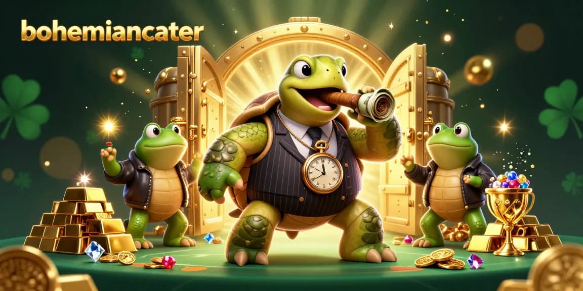 Engage with bohemiancater's vibrant 3D illustration showcasing a snapping turtle and bullfrog enforcers in a dynamic casino scene.