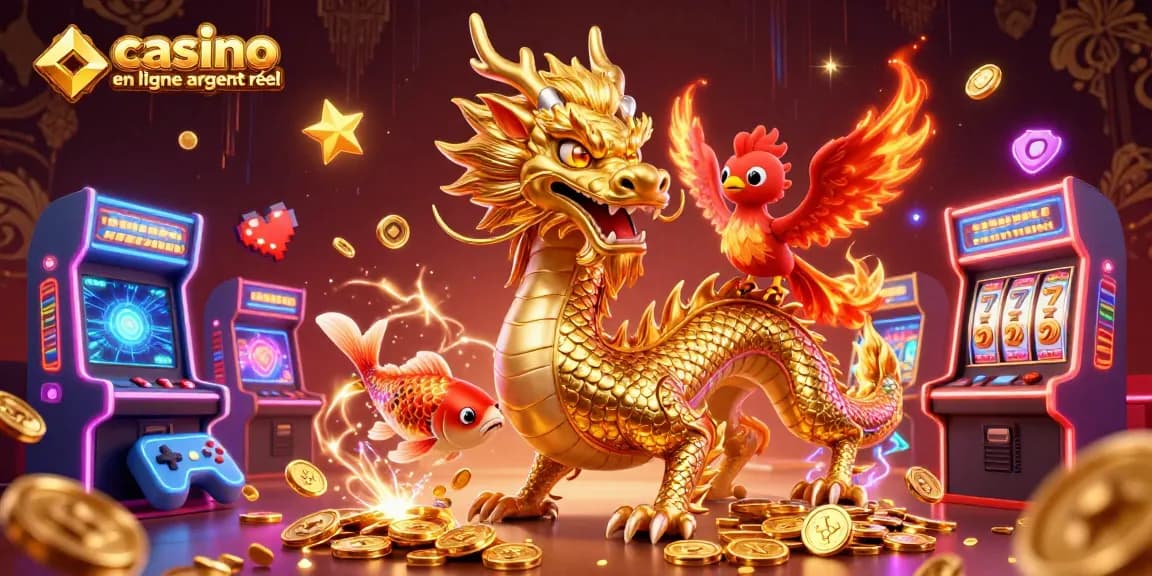 Jouer au casino en ligne argent réel avec un dragon et un phoenix dans un décor vibrant.