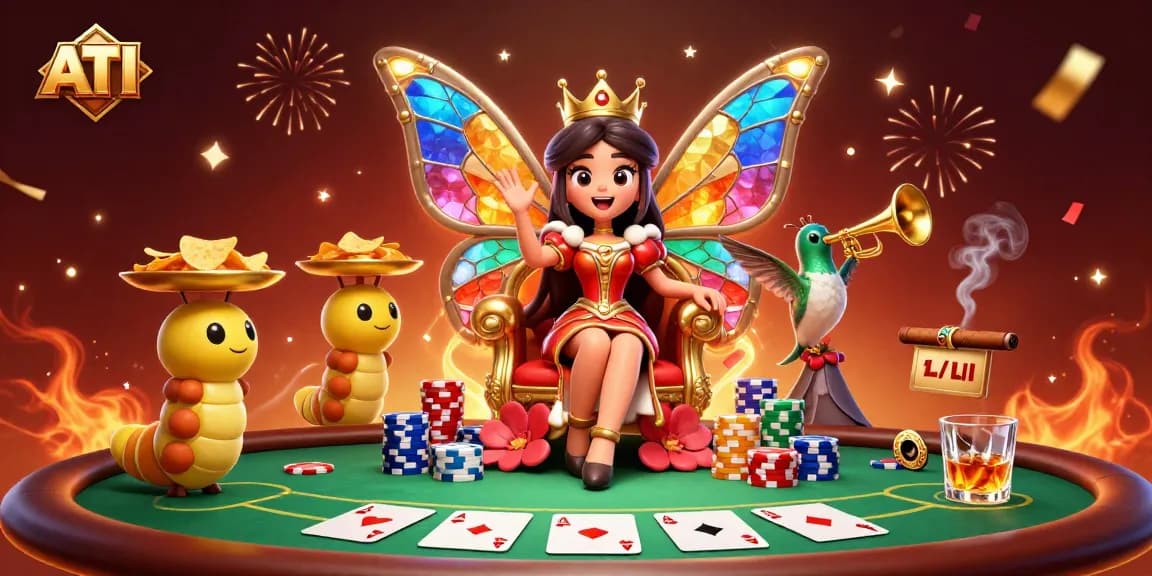 Engage with ATI’s vibrant casino world amidst the butterfly queen and poker actions.