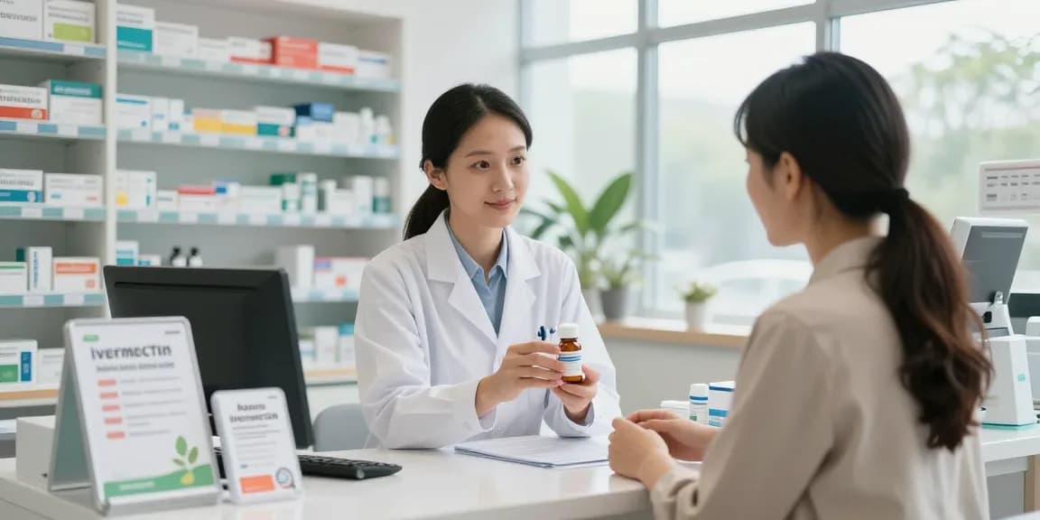 Ivermectin dosage for humans consultation in a welcoming pharmacy with a pharmacist assisting a customer.
