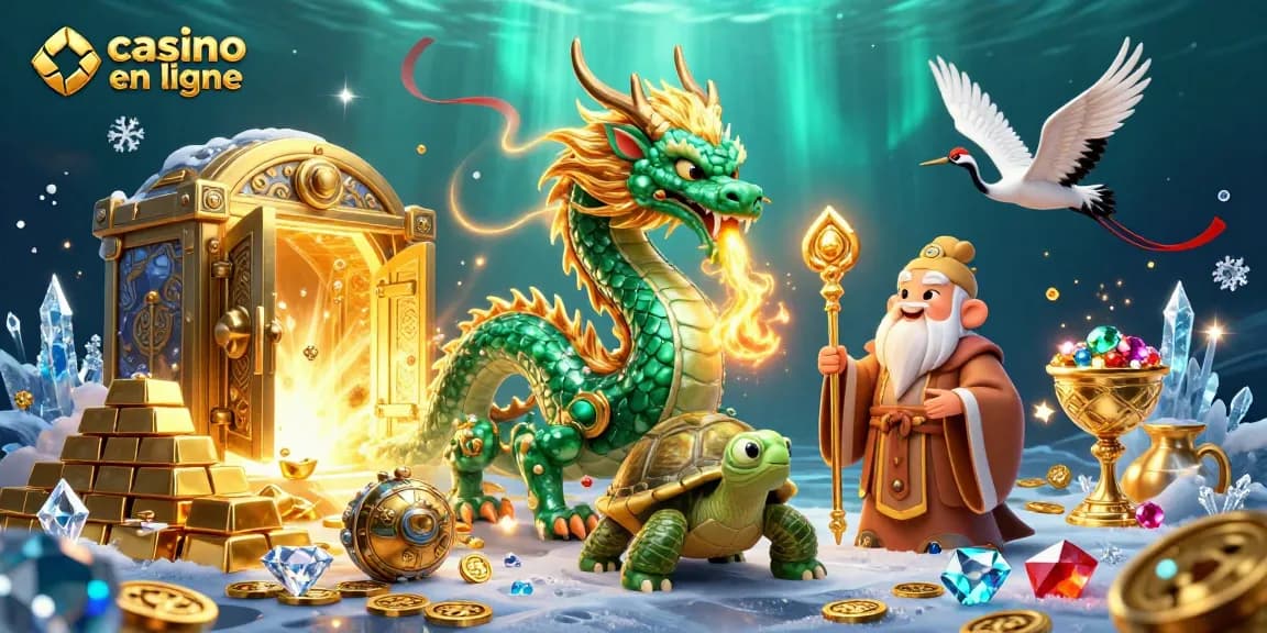 Jouez dans un casino en ligne avec ce dragon jade et la tortue sage entourés de trésors.