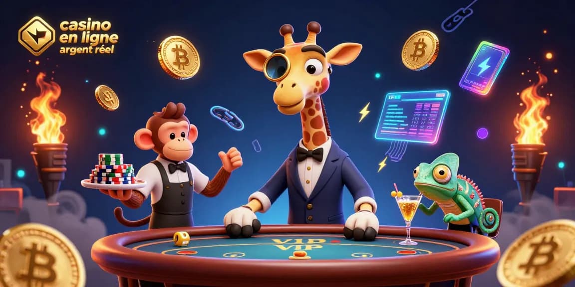 Jouez à casino en ligne argent réel avec une girafe en costume au poker, des jetons et des cryptomonnaies autour.