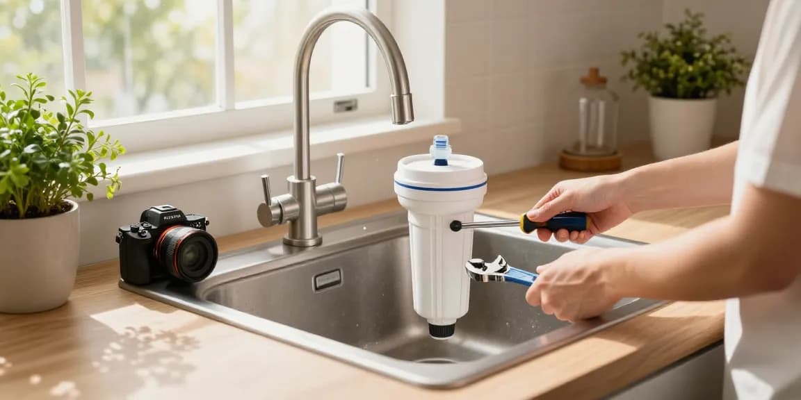 AQUA CREST GXRTDR Inline Water Filter installation in a bright kitchen.