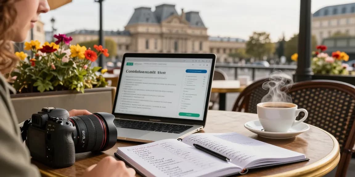 Immersive Französischkurse in Frankreich erleben in einem Pariser Café mit Notizen und Laptop.