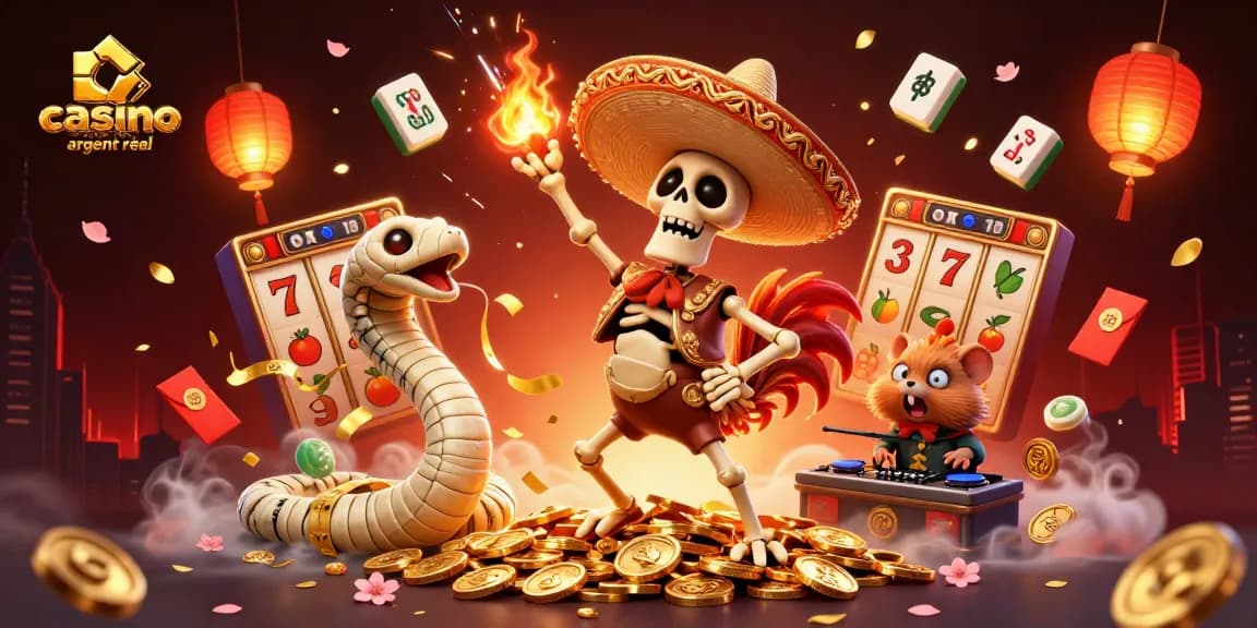 Le casino en ligne argent réel offre des gains avec une illustration vibrante de personnages animés et d'éléments de jeu.