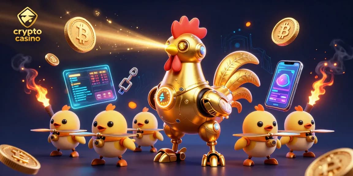 Jouer dans un crypto casino avec des personnages futuristes et des pièces de Bitcoin et Ethereum.