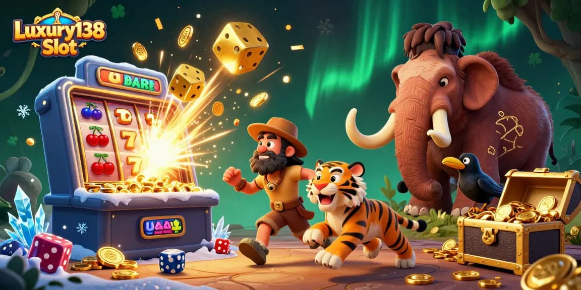 Engage with the Luxury138 Slot, featuring cartoon caveman duo and jackpot elements in a lively casino scene.