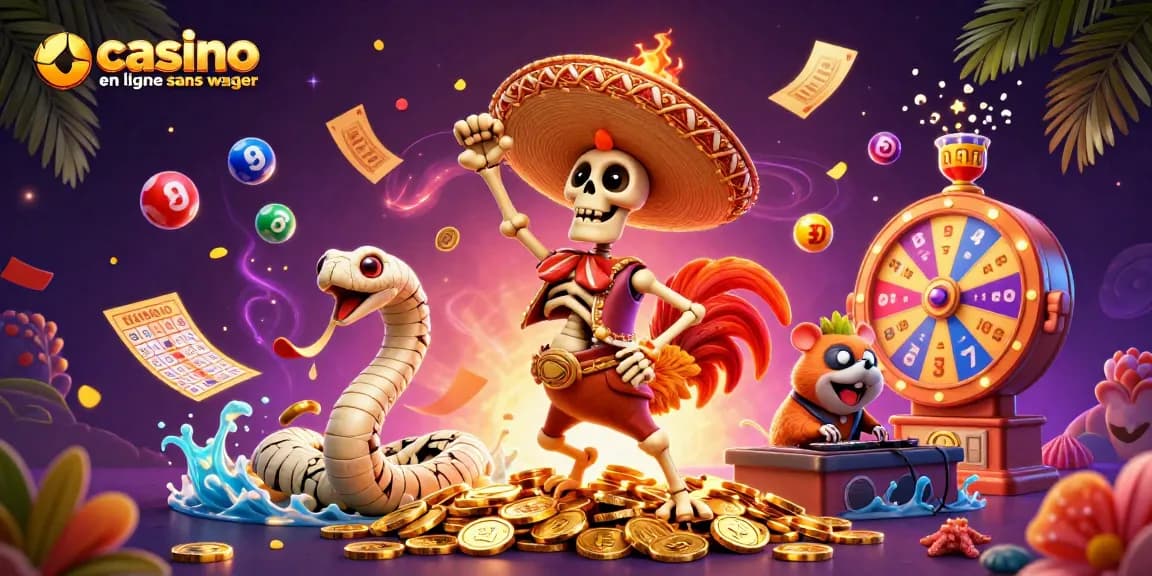 Profitez de l’excitation de casino en ligne sans wager avec un rooster mariachi dansant sur des pièces d’or.